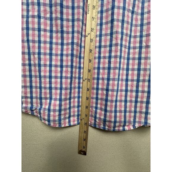 IZOD Mens Sz L Short Sleeve Button Down Shirt Blue Pink White Plaid 100% Cotton - Picture 8 of 11